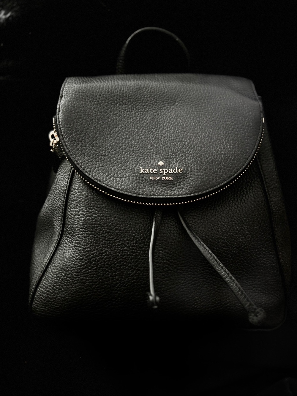 Kate Spade NWOT Black Pebbled Leather Flap Drawstring Backpack